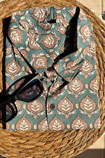 Load image into Gallery viewer, Teal ethnic block print cotton shirt