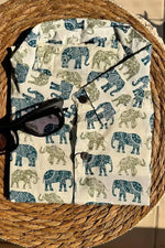 Load image into Gallery viewer, Hand block elephant print teal blue & olive green shirt