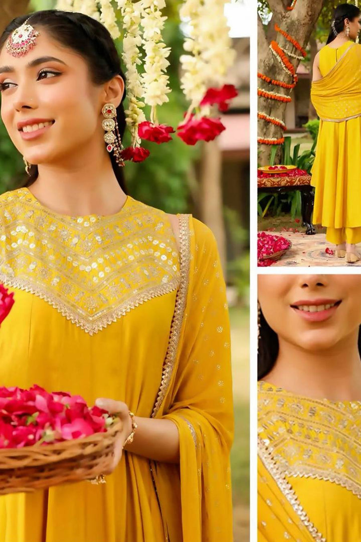 Chanderi Sunshine yellow mirror work with Anarakali set