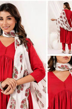 Load image into Gallery viewer, Cotton red , white dupatta white print
