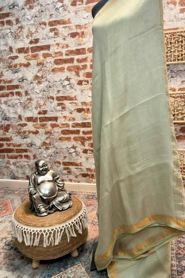 Pure linen sage green with golden mustard border