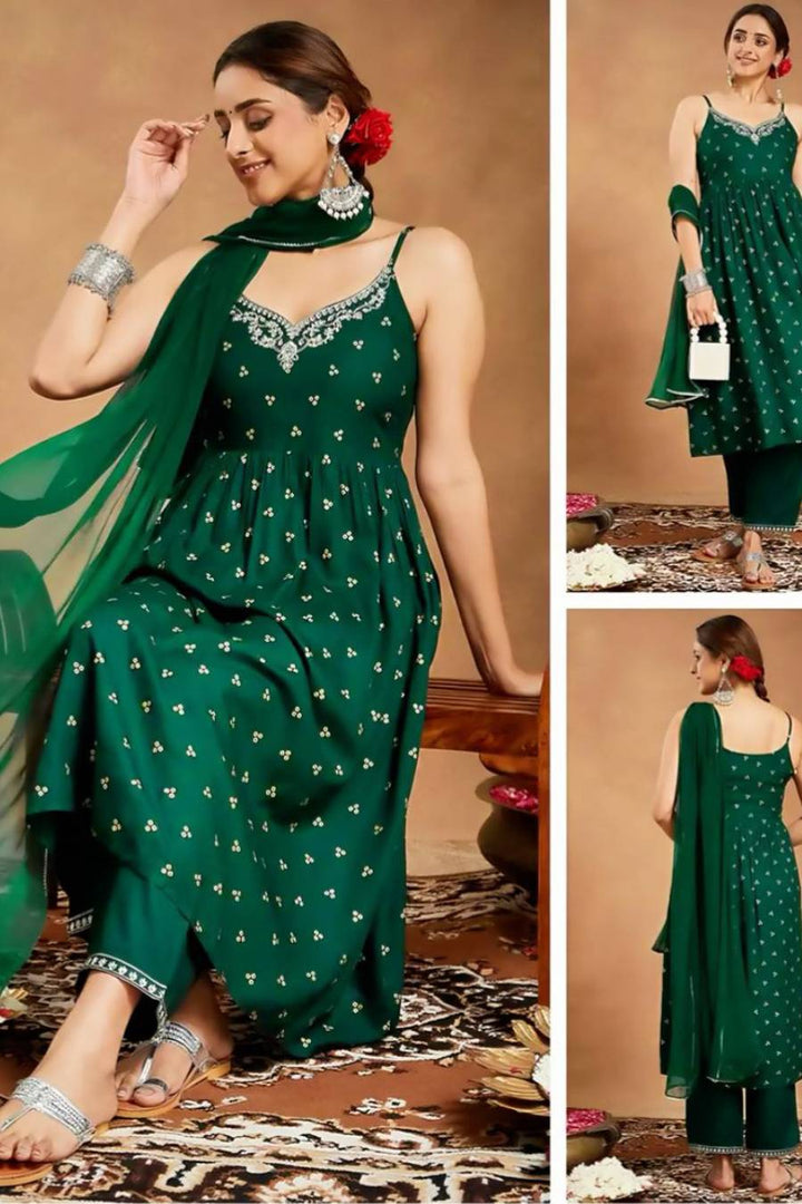 Rayon deep bottle green with work