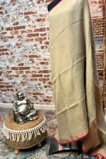 Load image into Gallery viewer, Pure linen saree beige with pink border

