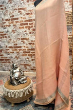 Load image into Gallery viewer, Pure linen saree peach with silver border
