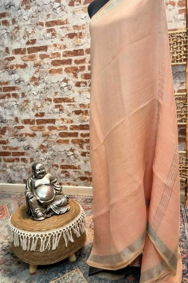 Pure linen saree peach with silver border