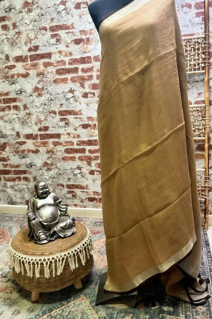 Pure linen saree earthy brown with silver border