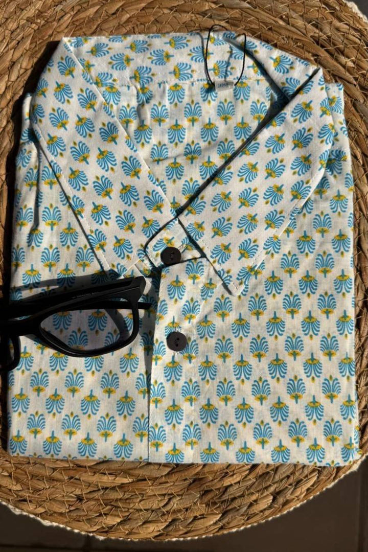Turquoise blue & mustard yellow floral prints cotton shirt