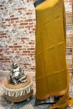 Load image into Gallery viewer, Pure linen saree mustard yellow with golden border
