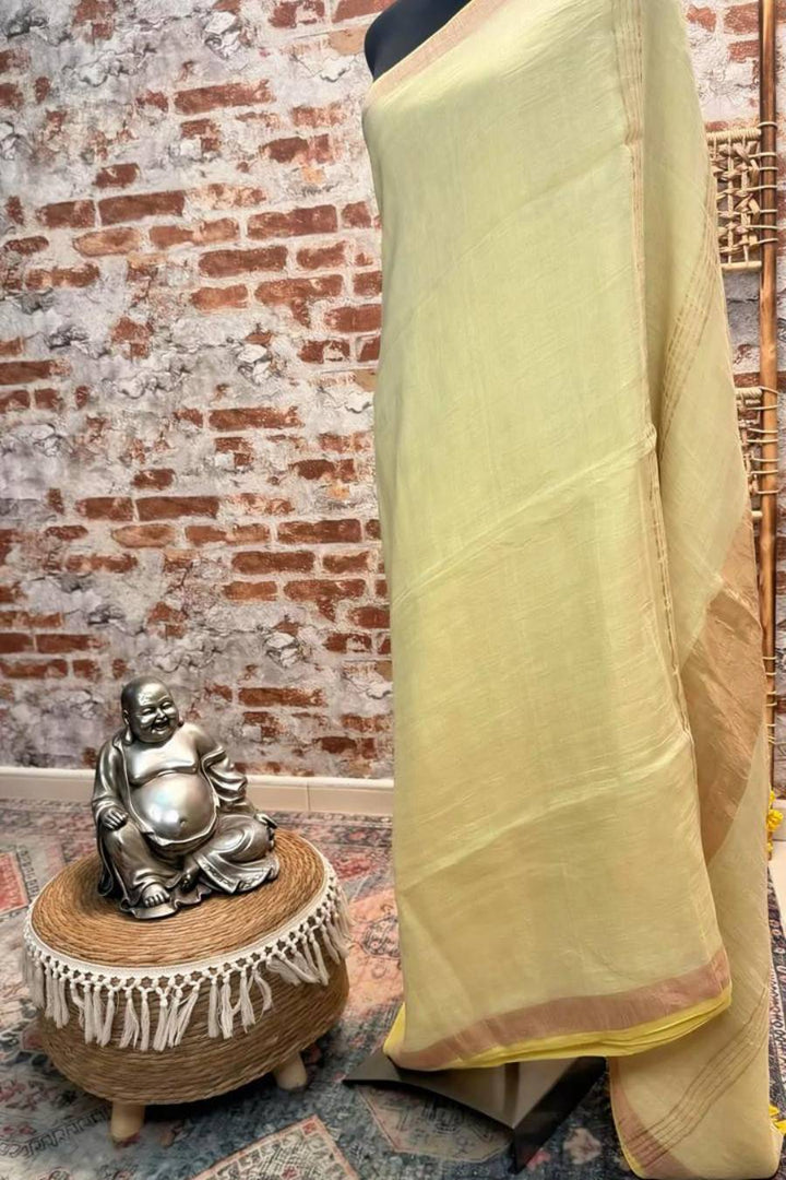 Pure linen light lemon with golden border