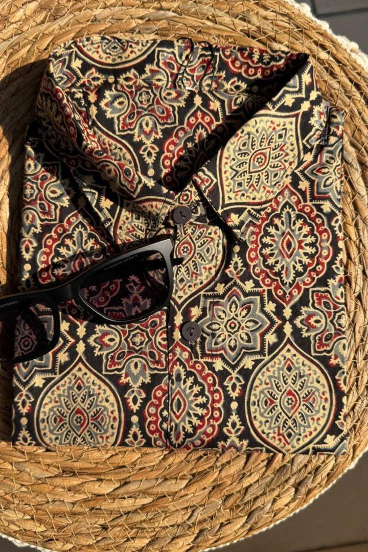 Black mandala block print cotton shirt