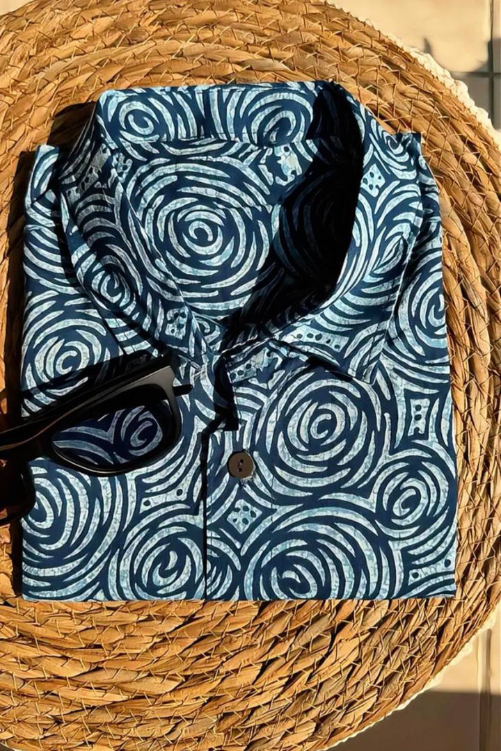 Indigo blue batik style cotton shirt
