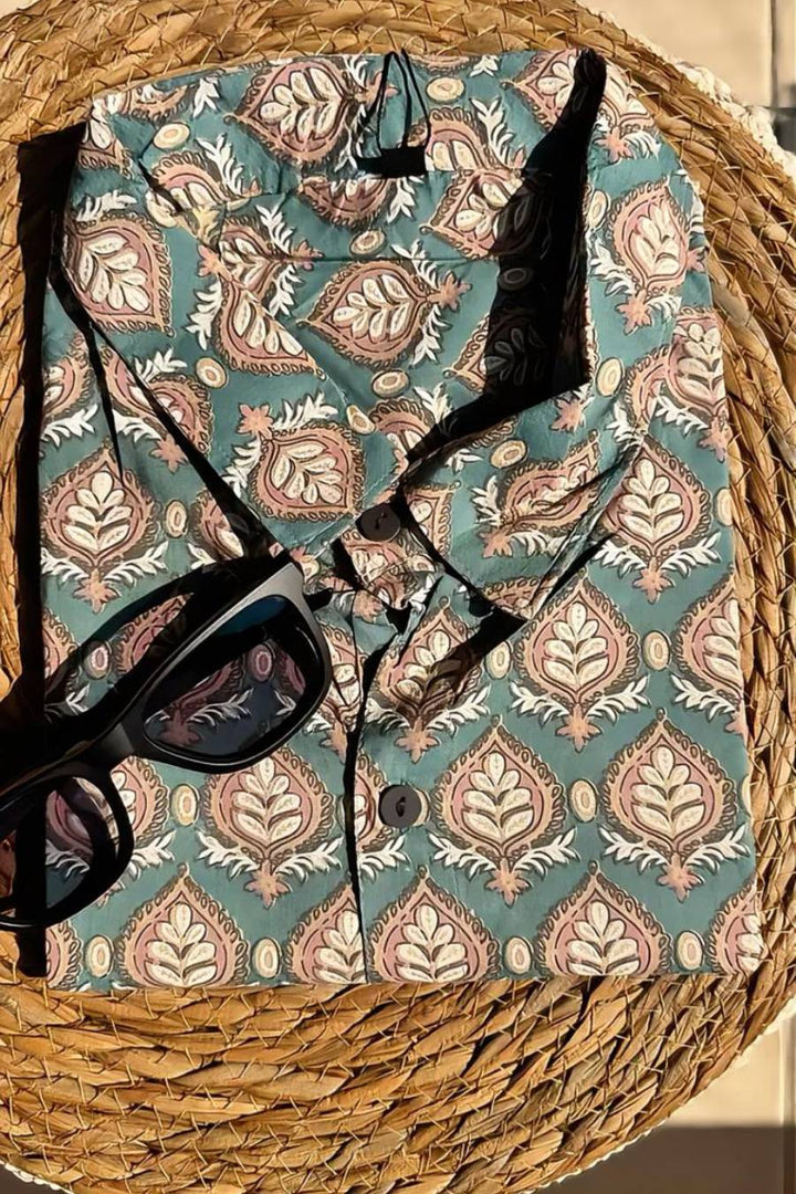 Teal ethnic block print cotton shirt