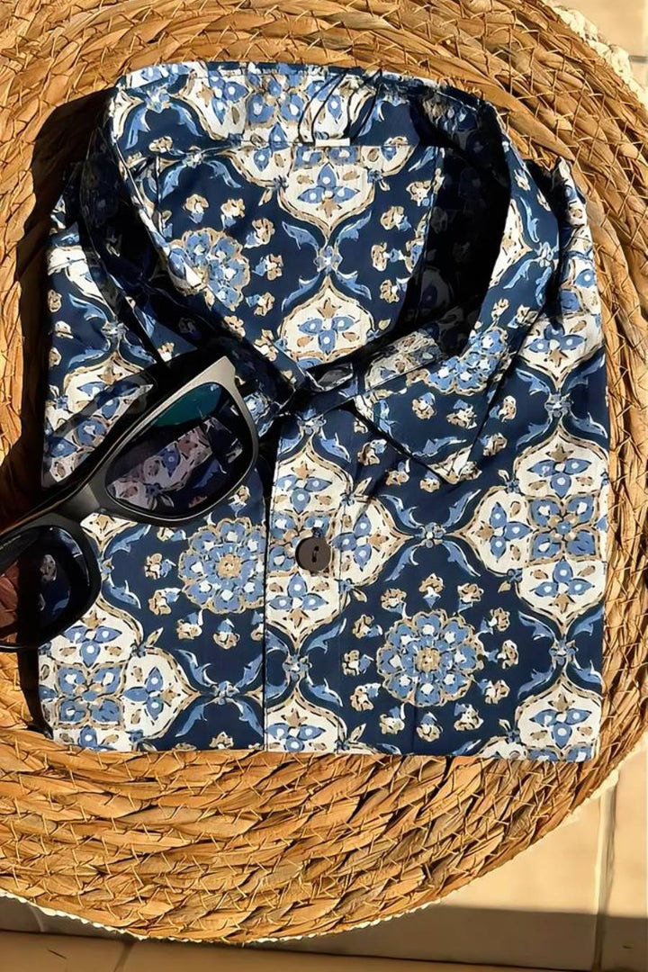 Indigo blue floral block print cotton shirt