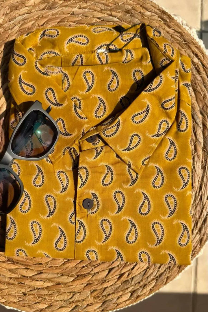 Mustard yellow paisley cotton shirt