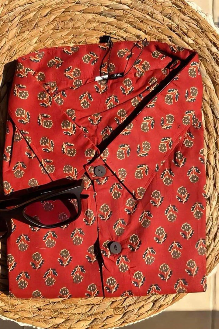 Terracotta red floral cotton shirt