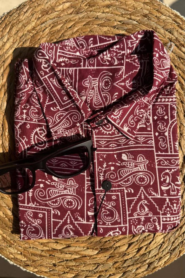 Maroon tribal art cotton shirt