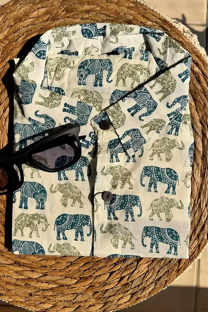 Hand block elephant print teal blue & olive green shirt