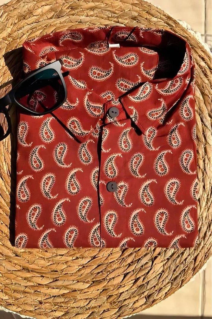 Maroon Paisley block print cotton shirts
