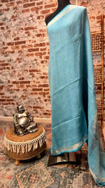 Load image into Gallery viewer, Pure linen saree sky blue with silver border
